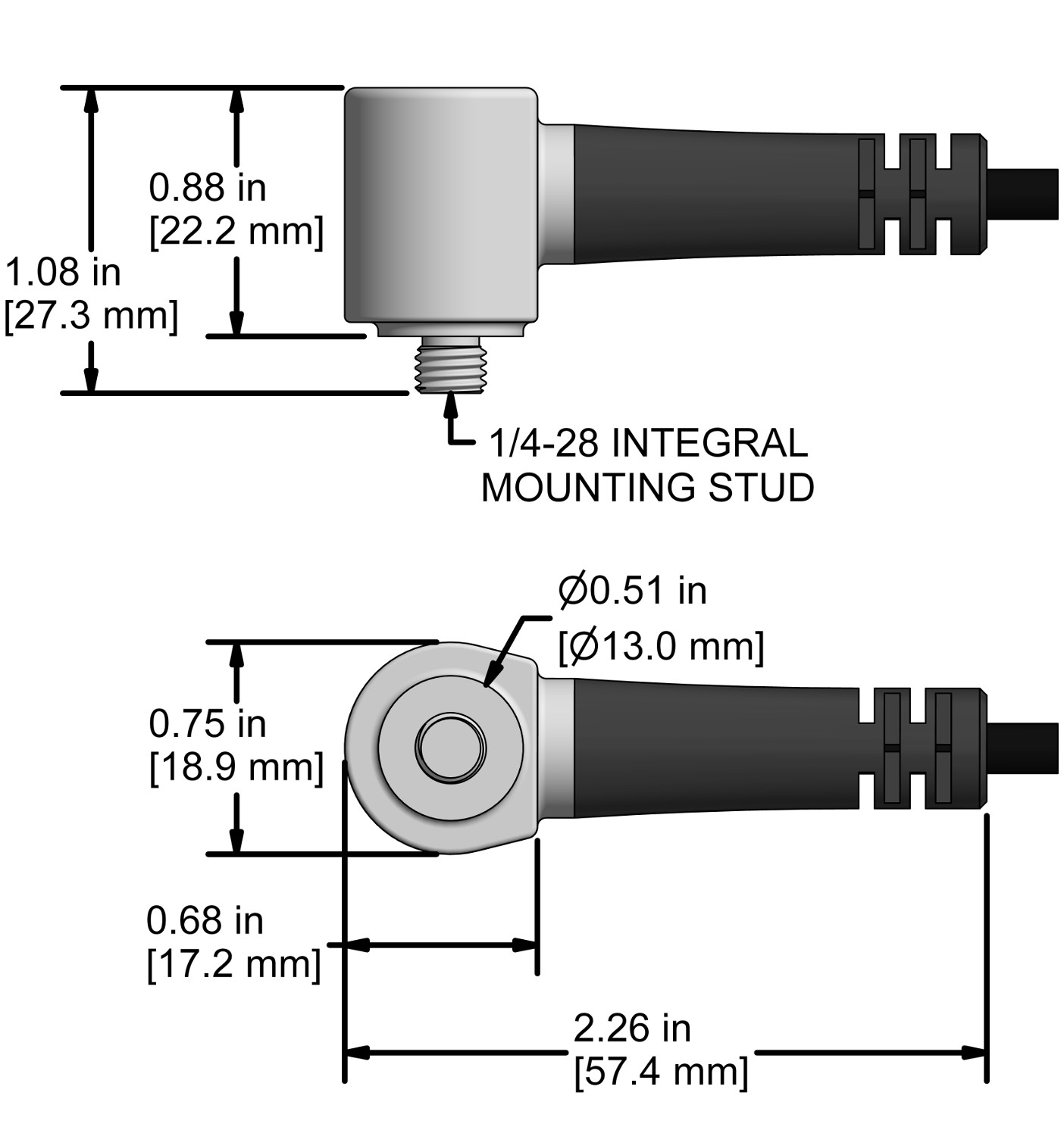 A drawing showing the dimensions and pin configuration of a CTC UEA332 industrial accelerometer.