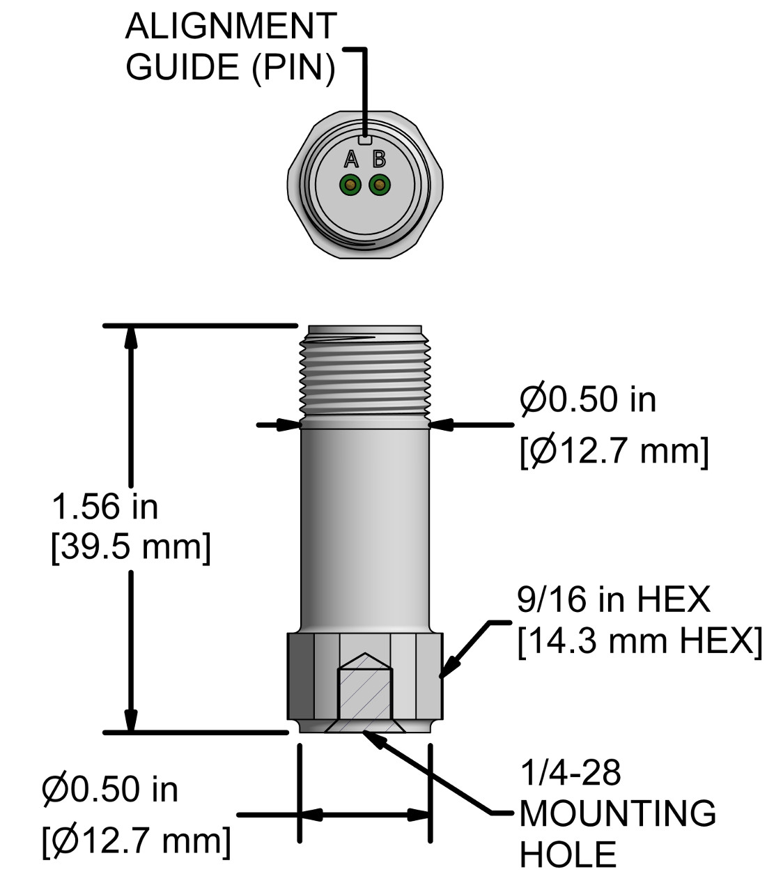 A drawing showing the dimensions and pin configuration of a CTC UEB332 industrial accelerometer.