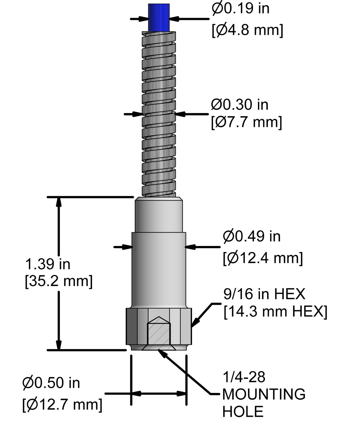 A drawing showing the dimensions and pin configuration of a CTC AC970 industrial accelerometer.