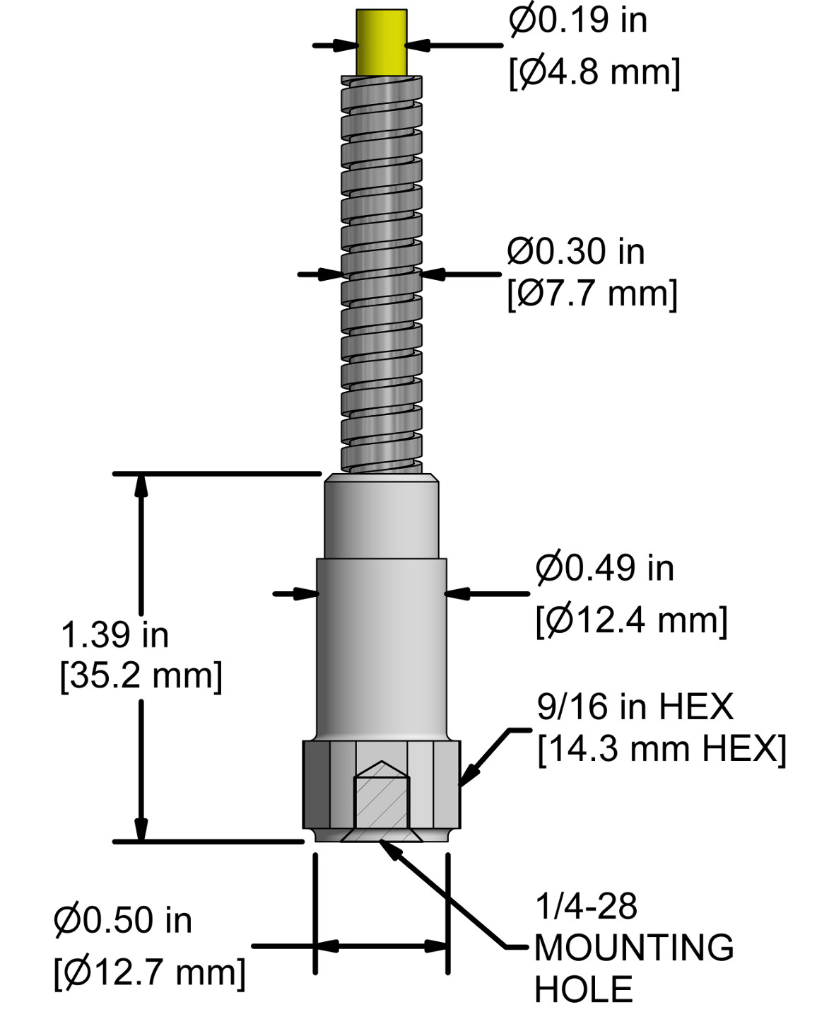 A drawing showing the dimensions and pin configuration of a CTC AC140 industrial accelerometer.
