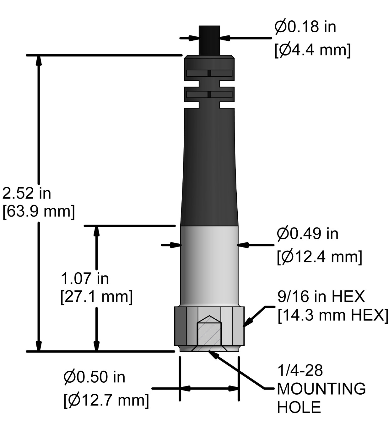 A drawing showing the dimensions and pin configuration of a CTC UEB332 industrial accelerometer.