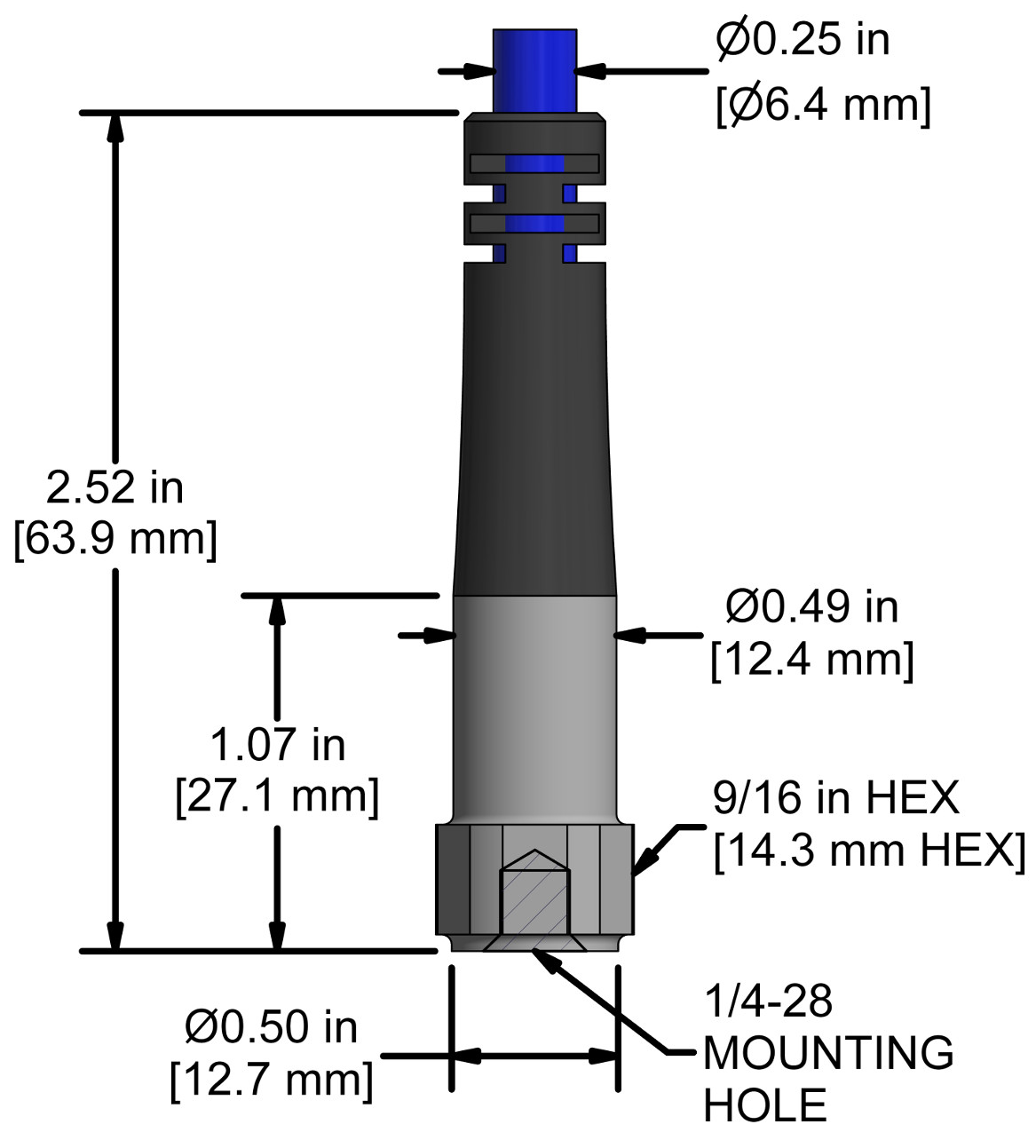 A drawing showing the dimensions and pin configuration of a CTC AC970 industrial accelerometer.