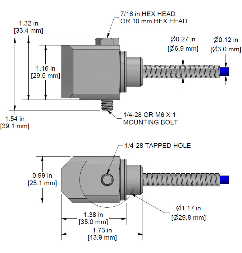 A drawing showing the dimensions and pin configuration of a CTC AC916 industrial accelerometer with armored integral cable.