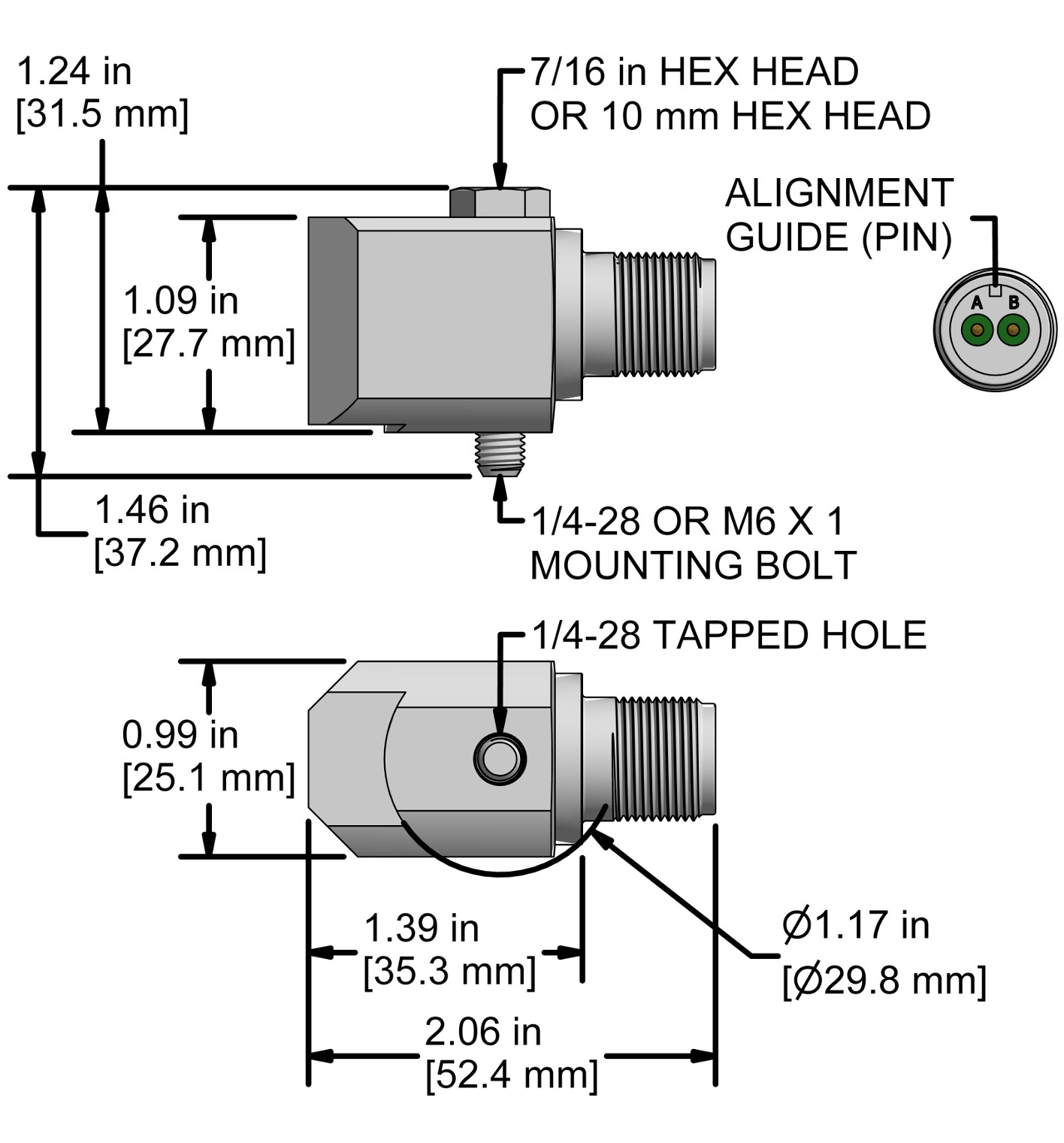 A drawing showing the dimensions and pin configuration of a CTC AC208 industrial accelerometer.