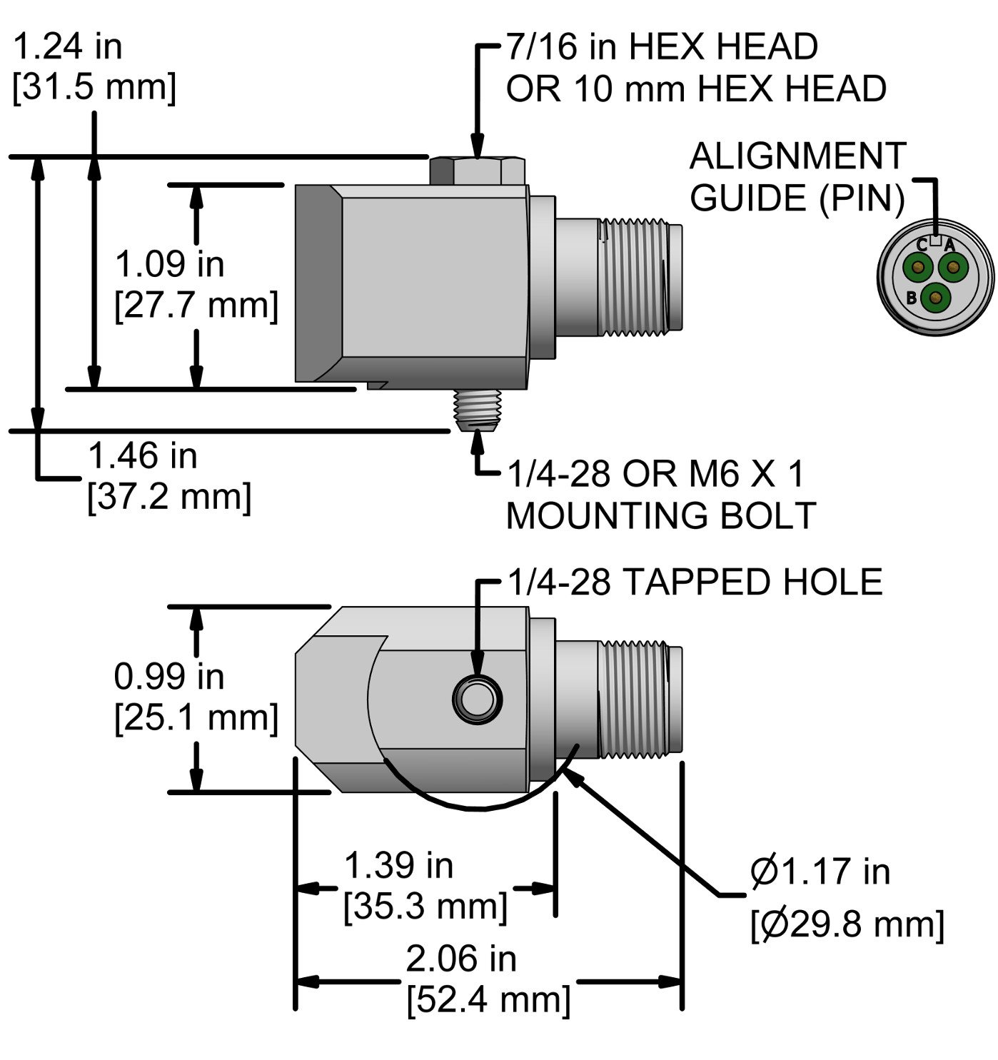 A drawing showing the dimensions and pin configuration of a CTC TA204 industrial accelerometer.
