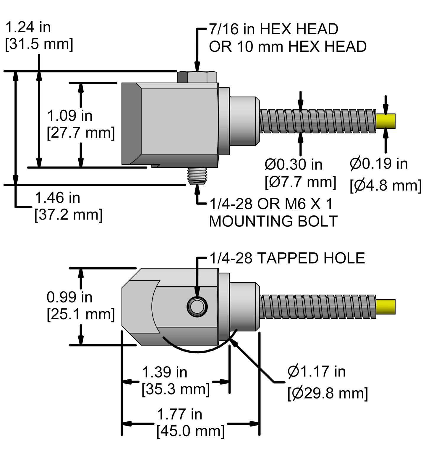 A drawing showing the dimensions and pin configuration of a CTC AC208 industrial accelerometer.