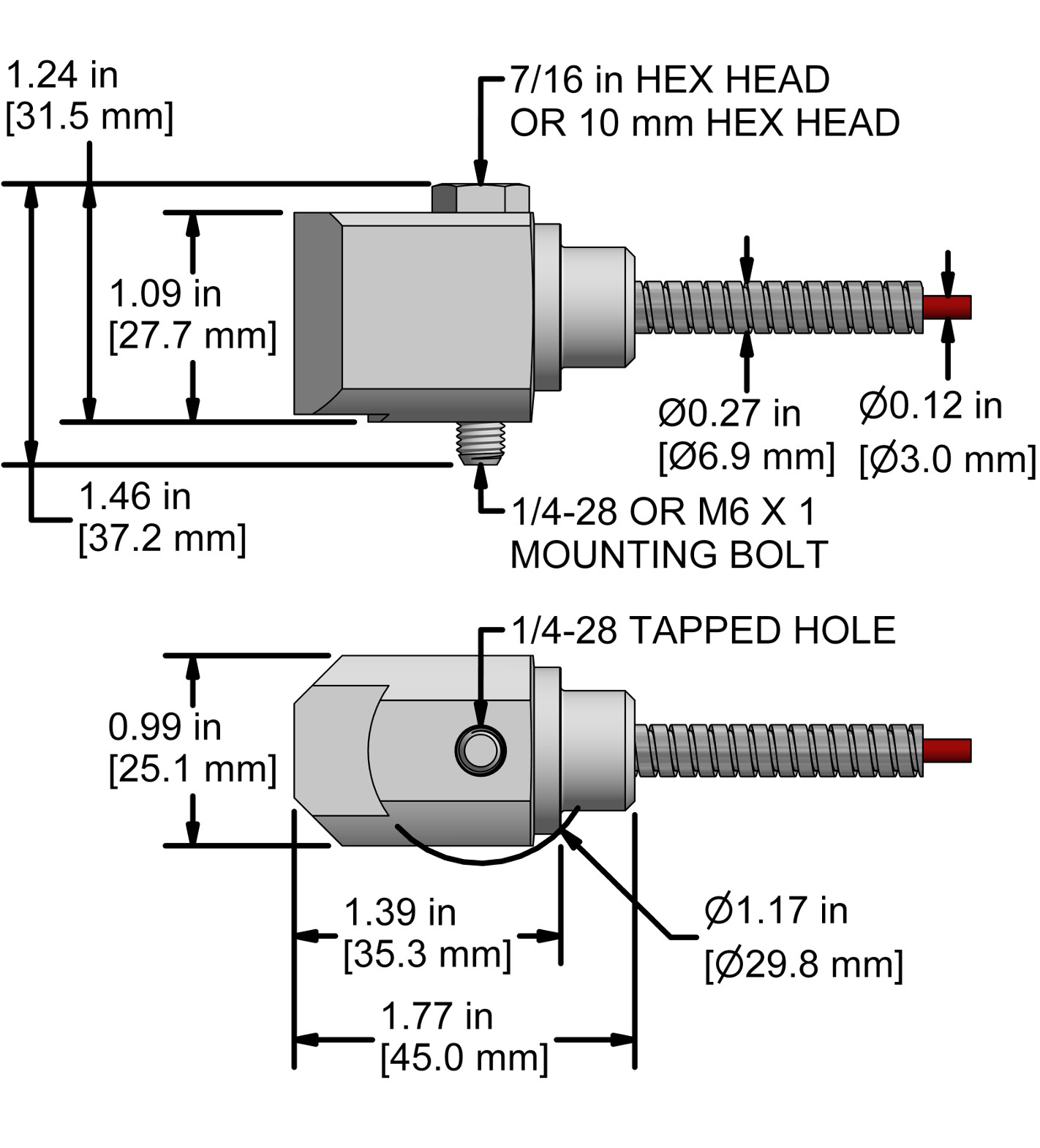 A drawing showing the dimensions and pin configuration of a CTC AC208 industrial accelerometer.
