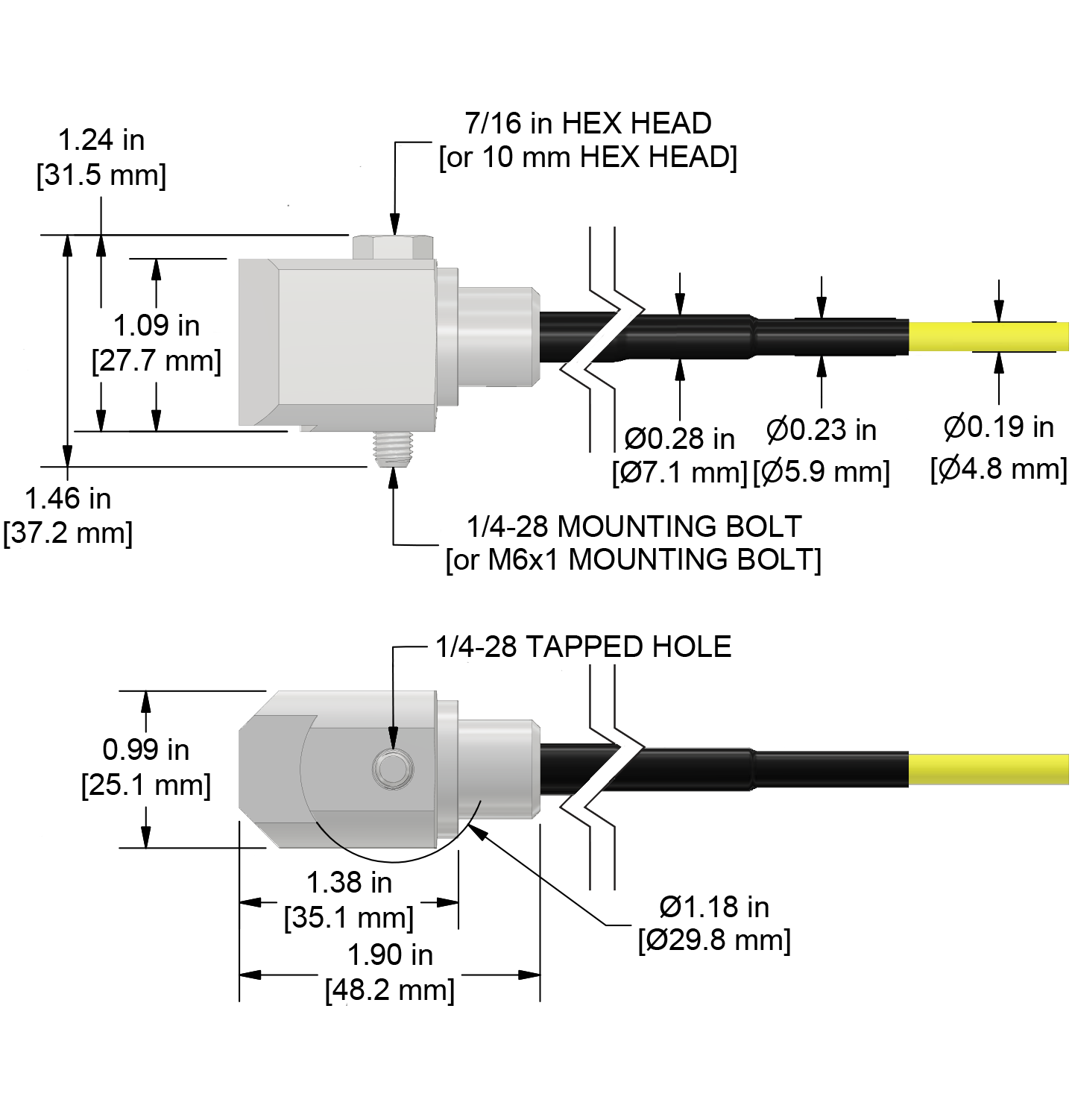 A drawing showing the dimensions and pin configuration of a CTC AC104 industrial accelerometer with FEP jacketed integral cable.