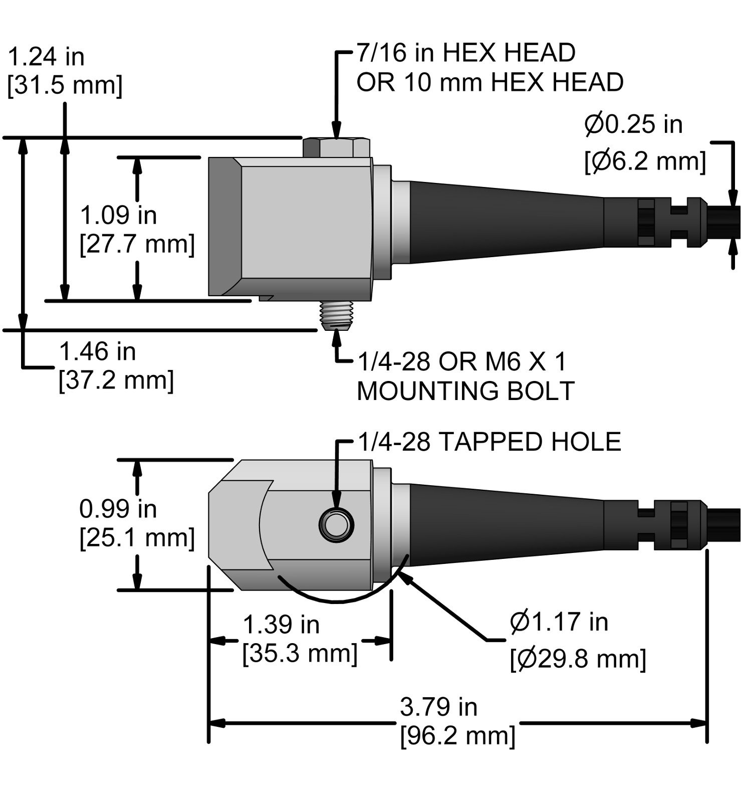 A drawing showing the dimensions and pin configuration of a CTC AC104 industrial accelerometer with integral cable.