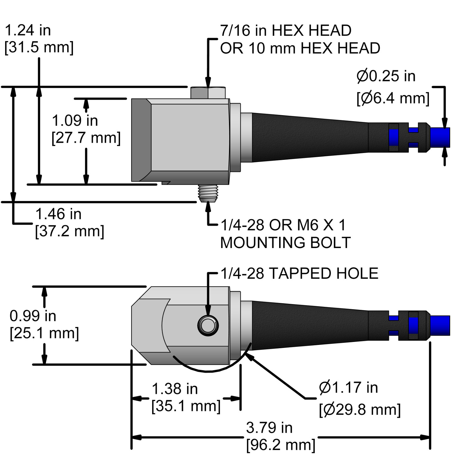 A drawing showing the dimensions and pin configuration of a CTC AC966 industrial accelerometer with integral cable.