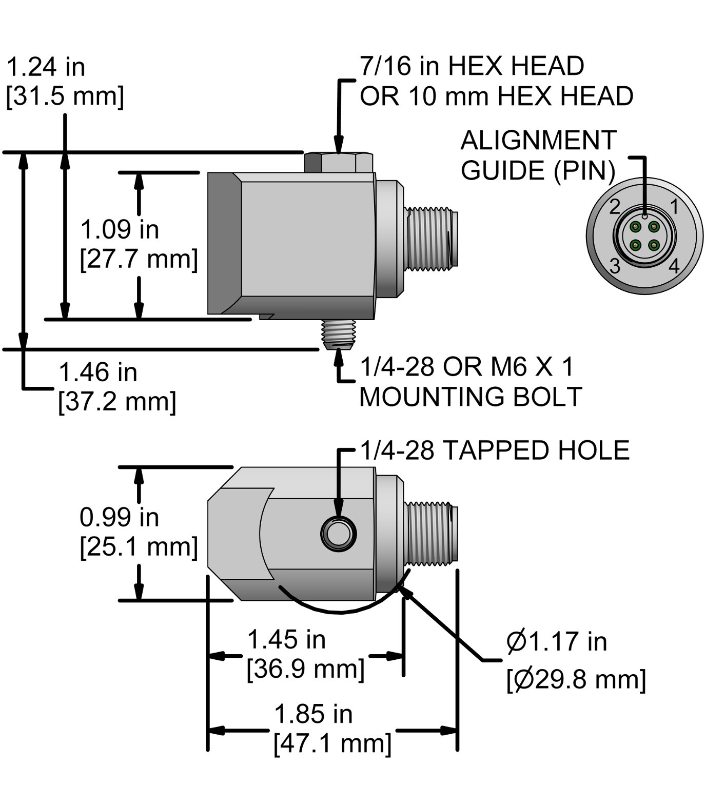 A drawing showing the dimensions and pin configuration of a CTC TR208-M12A industrial accelerometer.