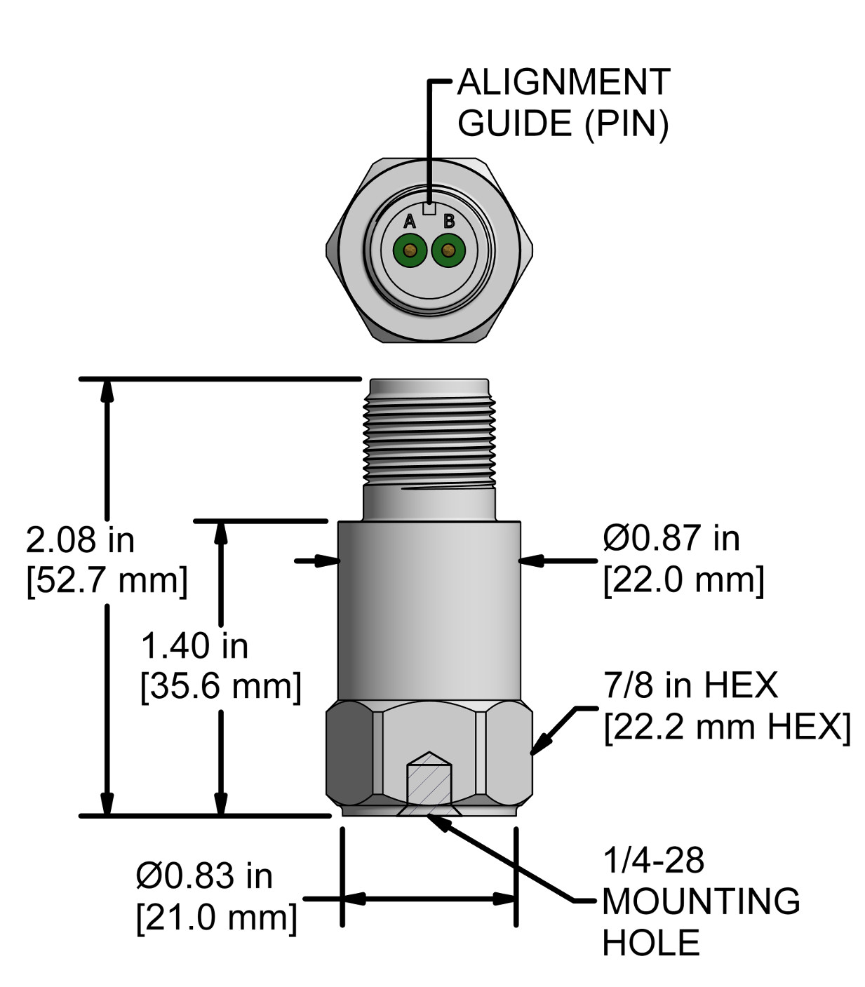 A drawing showing the dimensions and pin configuration of a CTC AC207 industrial accelerometer.