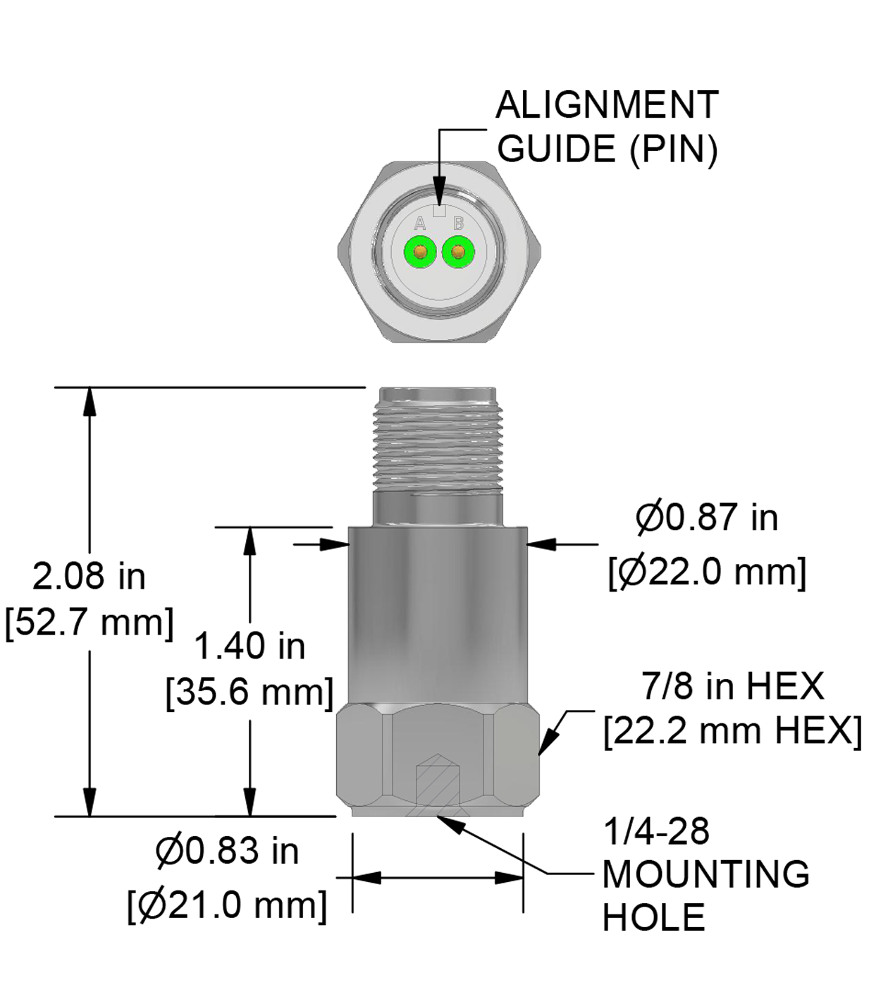 A drawing showing the dimensions and pin configuration of a CTC AC102 industrial accelerometer.