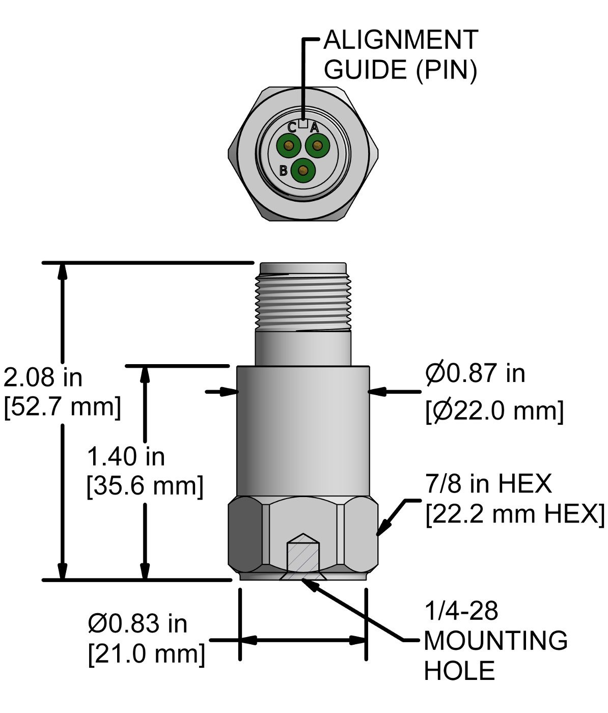 A drawing showing the dimensions and pin configuration of a CTC AC312 industrial accelerometer.