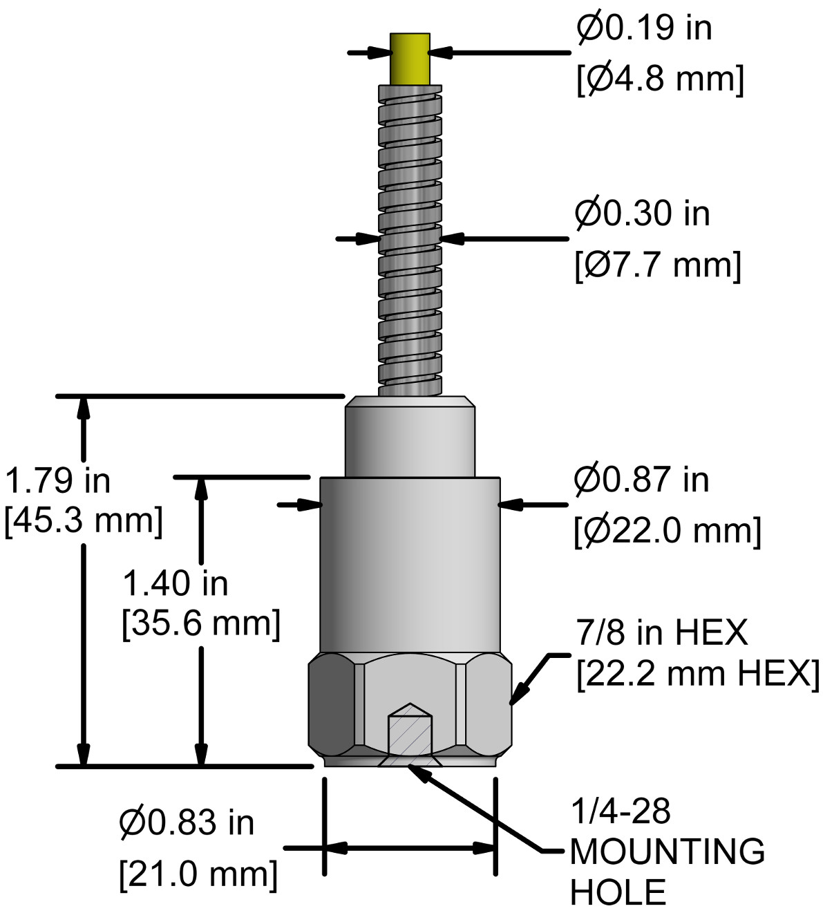A drawing showing the dimensions and pin configuration of a CTC AC207 industrial accelerometer.