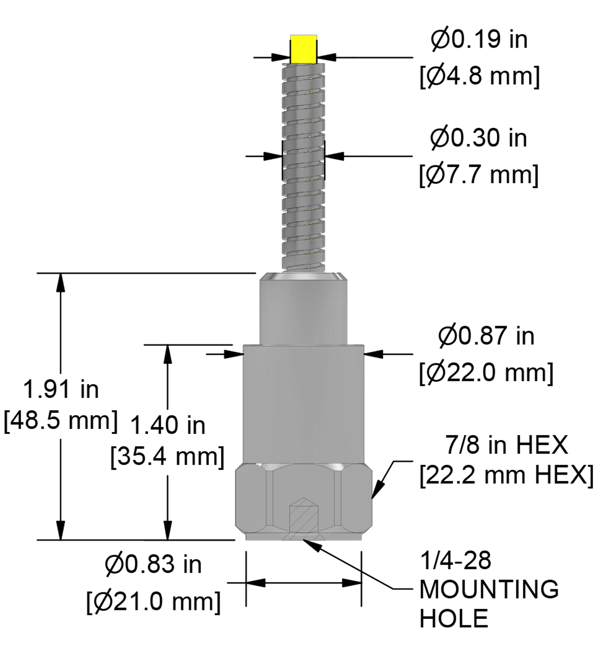A drawing showing the dimensions and pin configuration of a CTC AC102 industrial accelerometer with heavy duty armored integral cable.