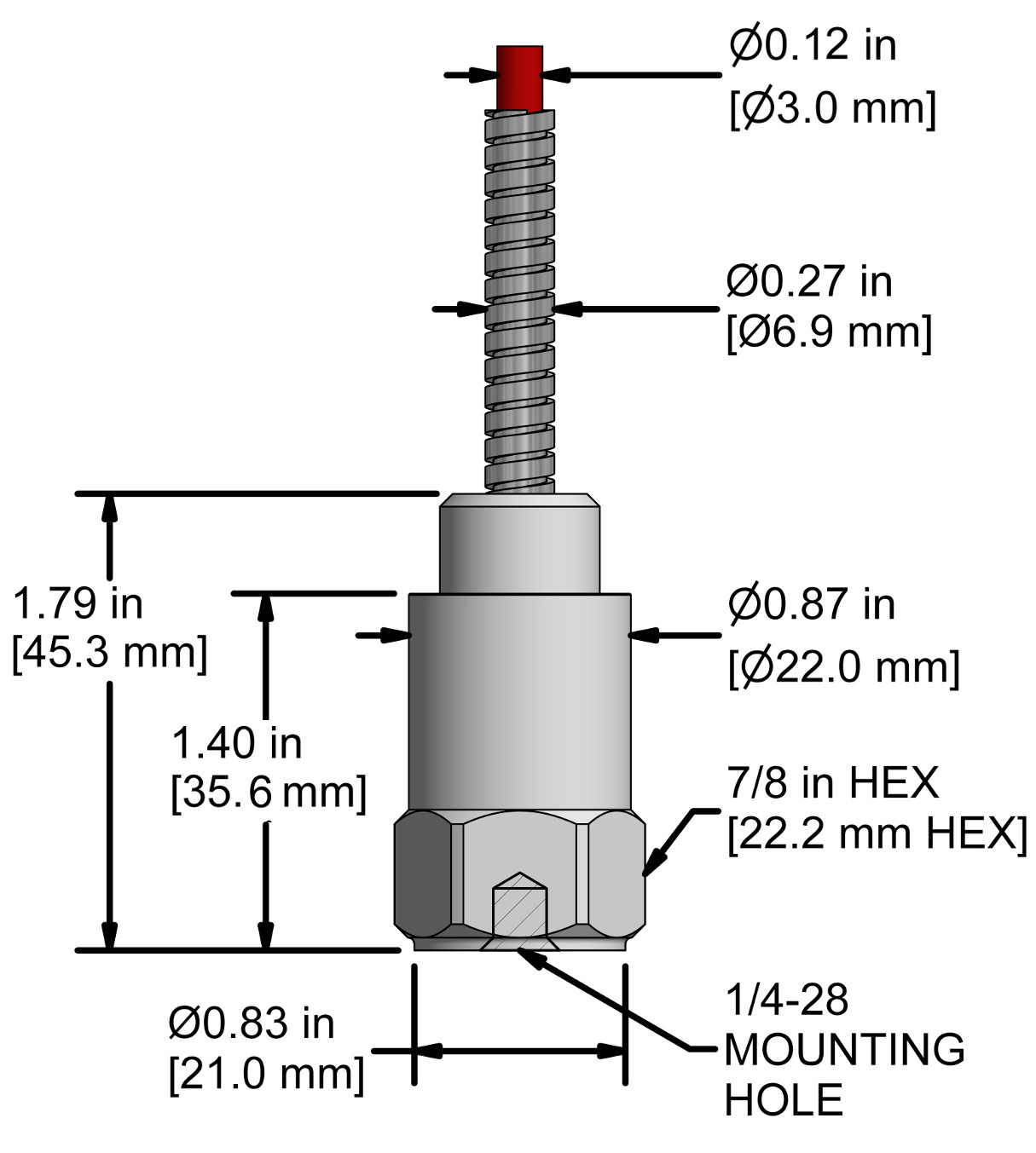 A drawing showing the dimensions and pin configuration of a CTC AC207 industrial accelerometer.