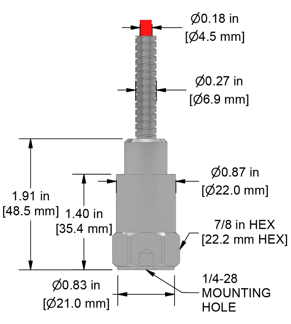 A drawing showing the dimensions and pin configuration of a CTC AC102 industrial accelerometer with armored integral cable.