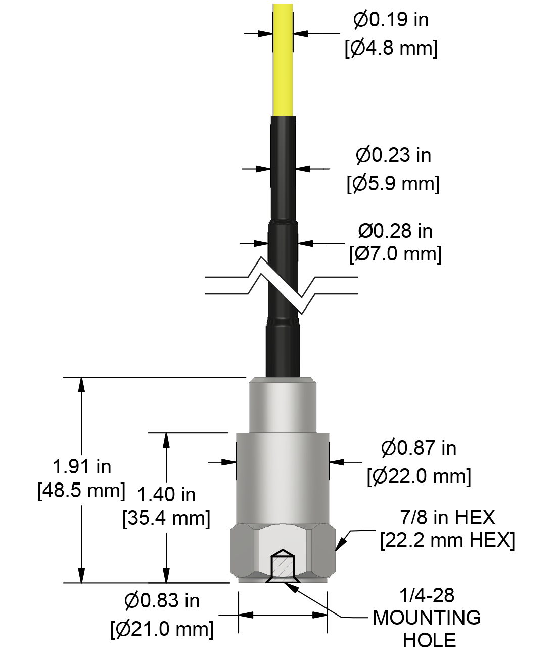 A drawing showing the dimensions and pin configuration of a CTC AC102 industrial accelerometer with FEP jacketed integral cable.