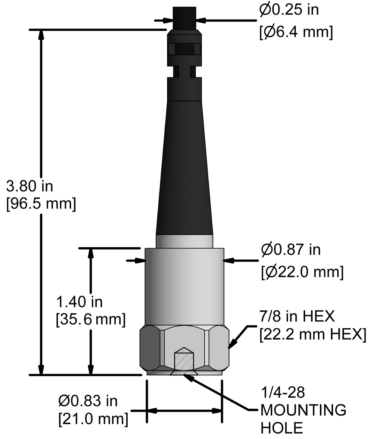 A drawing showing the dimensions and pin configuration of a CTC AC233 industrial accelerometer.