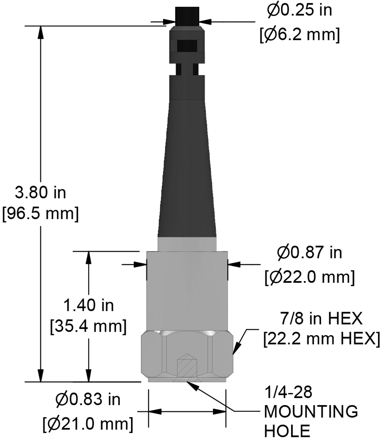 A drawing showing the dimensions and pin configuration of a CTC AC102 industrial accelerometer with integral cable.