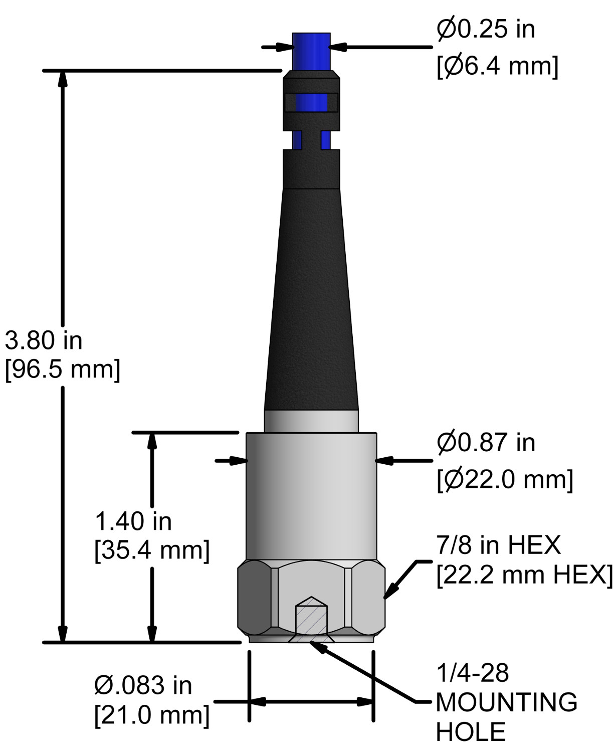 A drawing showing the dimensions and pin configuration of a CTC AC931 industrial accelerometer with integral cable.