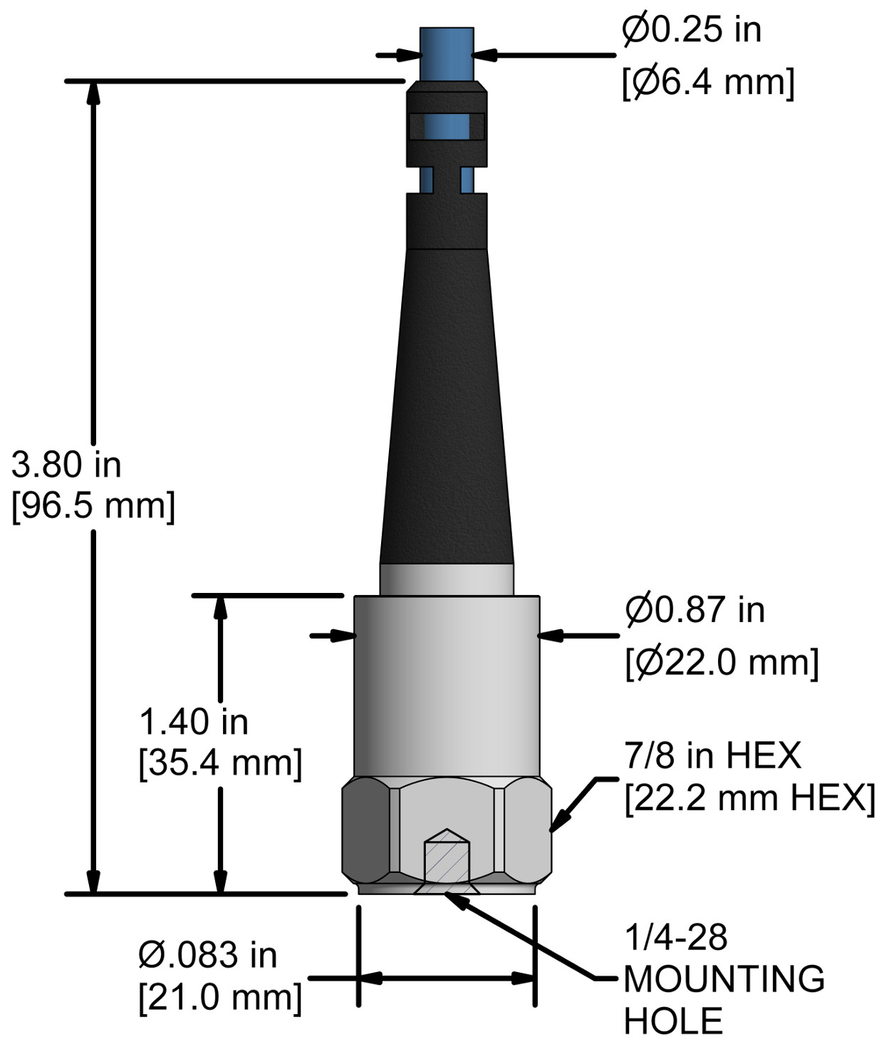 A drawing showing the dimensions and pin configuration of a CTC TA935 industrial accelerometer with integral cable.