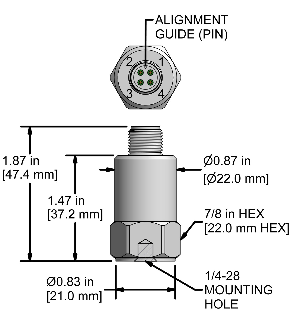 A drawing showing the dimensions and pin configuration of a CTC TR207-M12A industrial accelerometer.