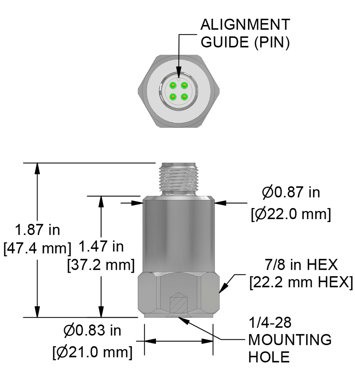 A drawing showing the dimensions and pin configuration of a CTC AC150-M12A industrial accelerometer.
