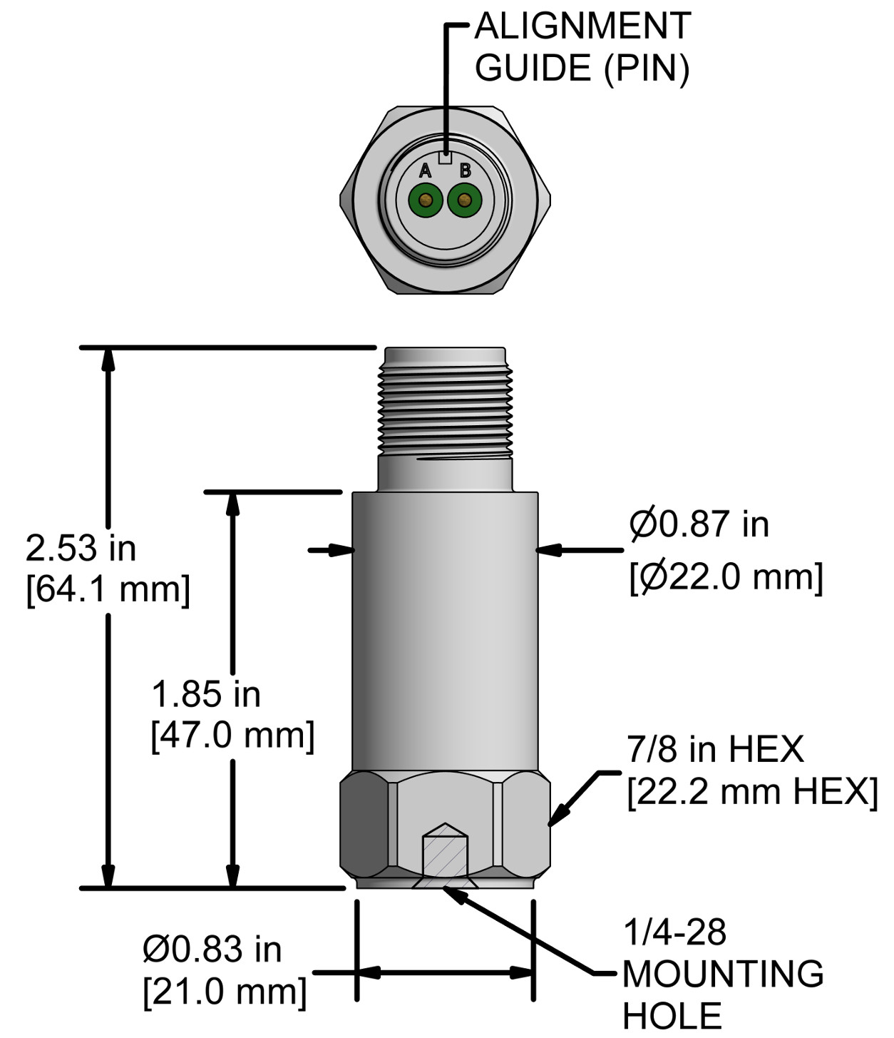 A drawing showing the dimensions and pin configuration of a CTC LP802 industrial accelerometer.