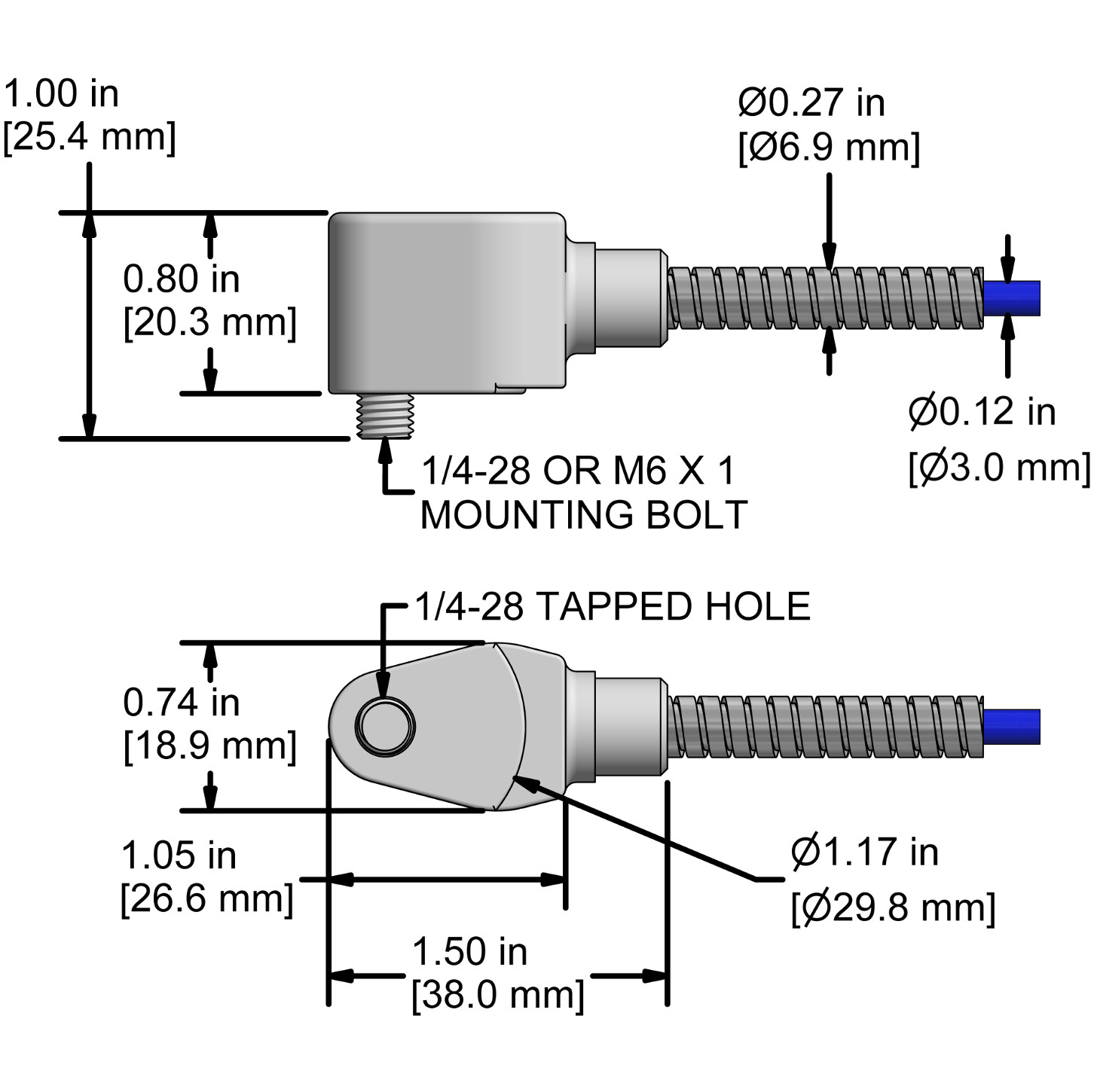 A drawing showing the dimensions and pin configuration of a CTC AC944 industrial accelerometer.