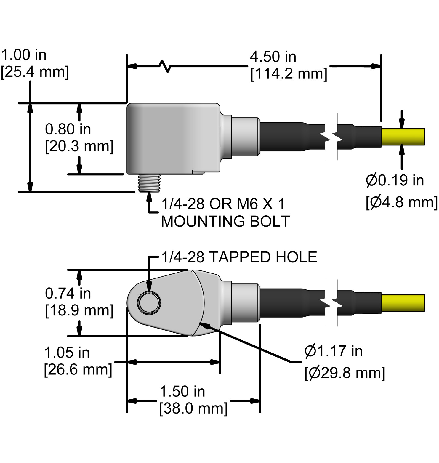 A drawing showing the dimensions and pin configuration of a CTC AC144 industrial accelerometer with FEP jacketed integral cable.