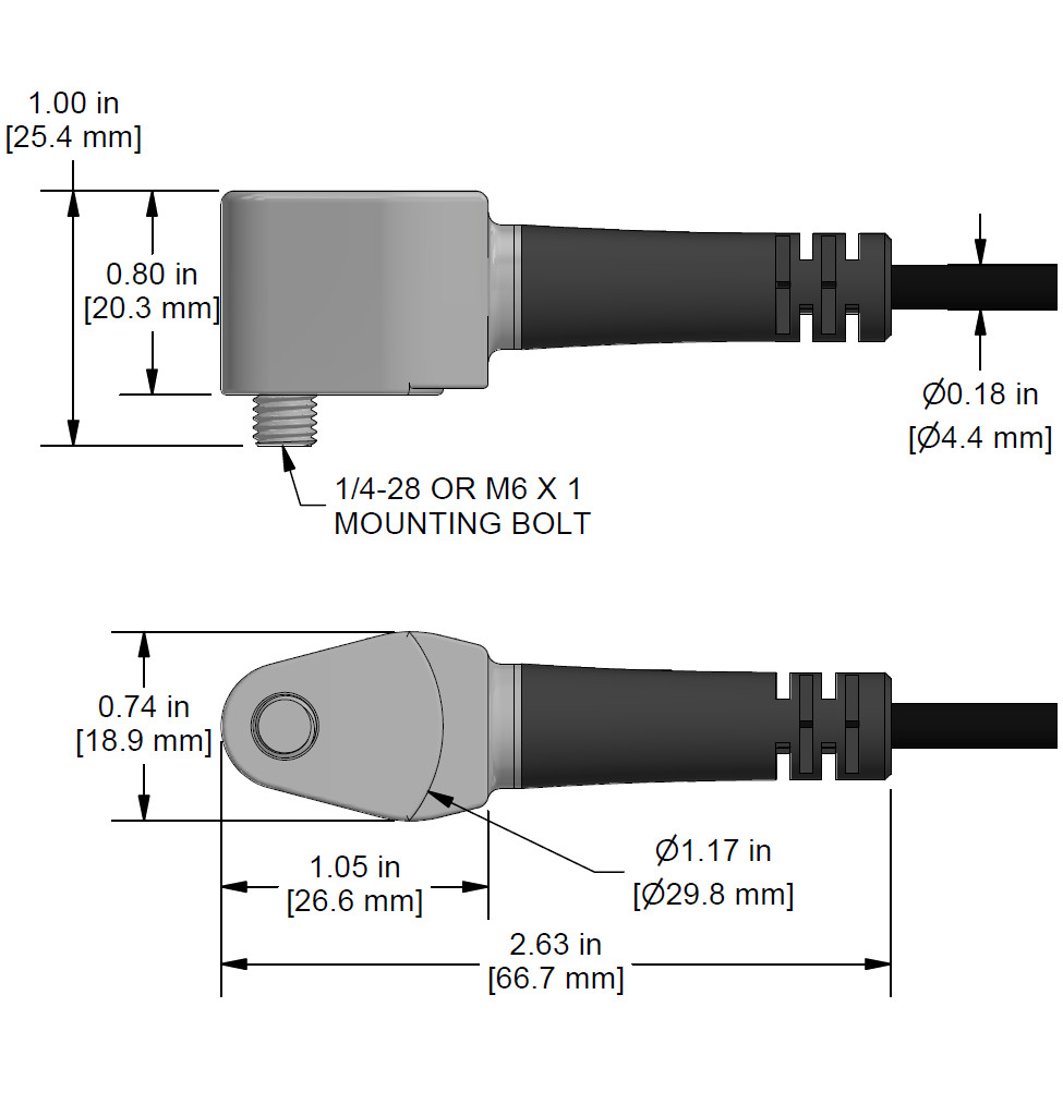 A drawing showing the dimensions and pin configuration of a CTC AC244 industrial accelerometer.