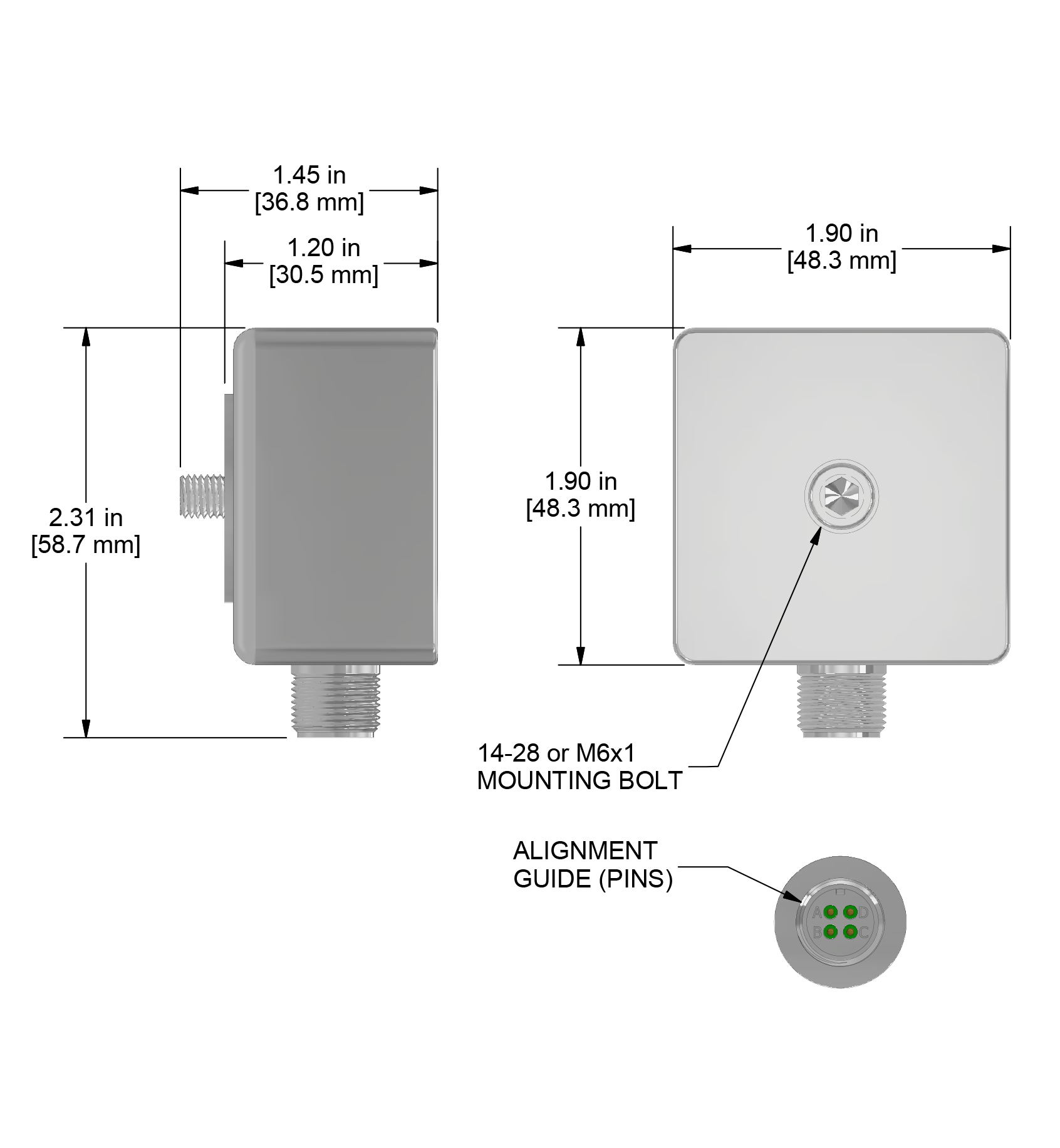 A drawing showing the dimensions and pin configuration of a CTC TXEA331-HT industrial accelerometer.