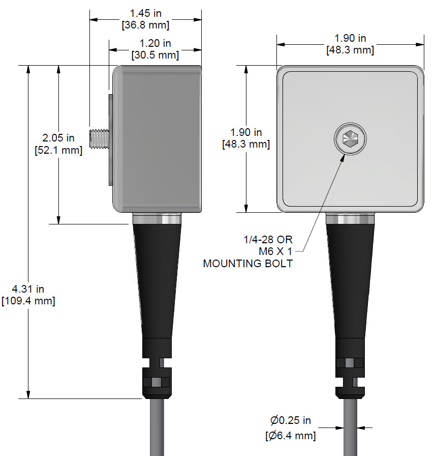 A drawing showing the dimensions and pin configuration of a CTC TXFA331-TA industrial accelerometer.