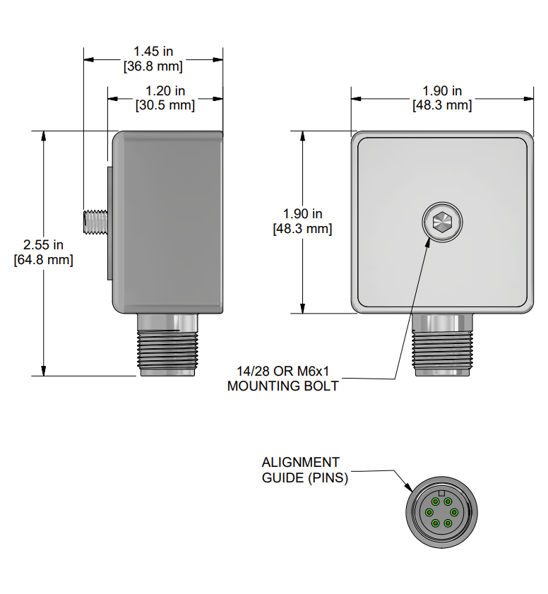 A drawing showing the dimensions and pin configuration of a CTC TXFA331-TA industrial accelerometer.