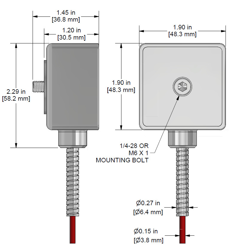 A drawing showing the dimensions and pin configuration of a CTC TXEA331-HT industrial accelerometer.