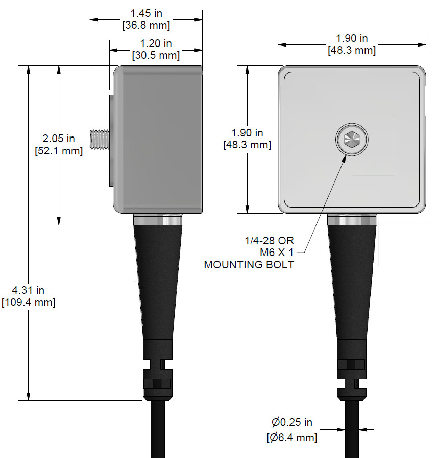 A drawing showing the dimensions and pin configuration of a CTC TXFA331 industrial accelerometer.