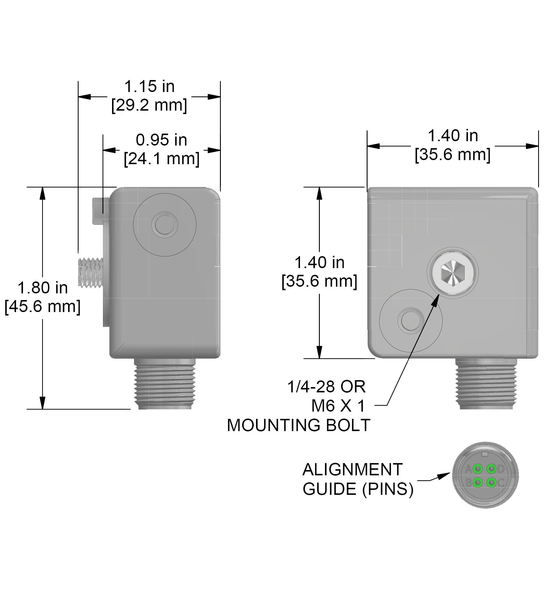 A drawing showing the dimensions and pin configuration of a CTC AC115 industrial accelerometer.
