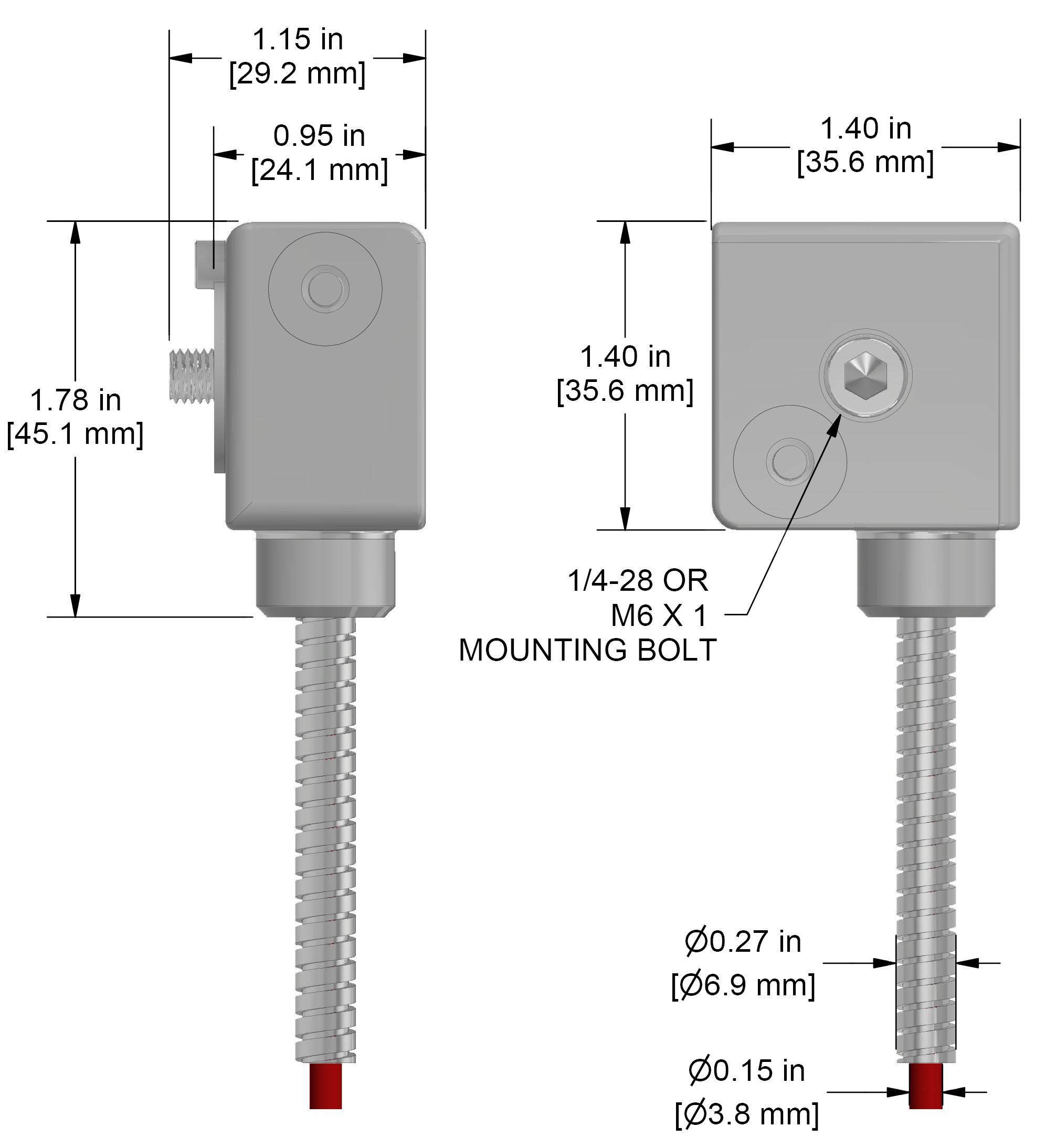 A drawing showing the dimensions and pin configuration of a CTC AC115 industrial accelerometer.