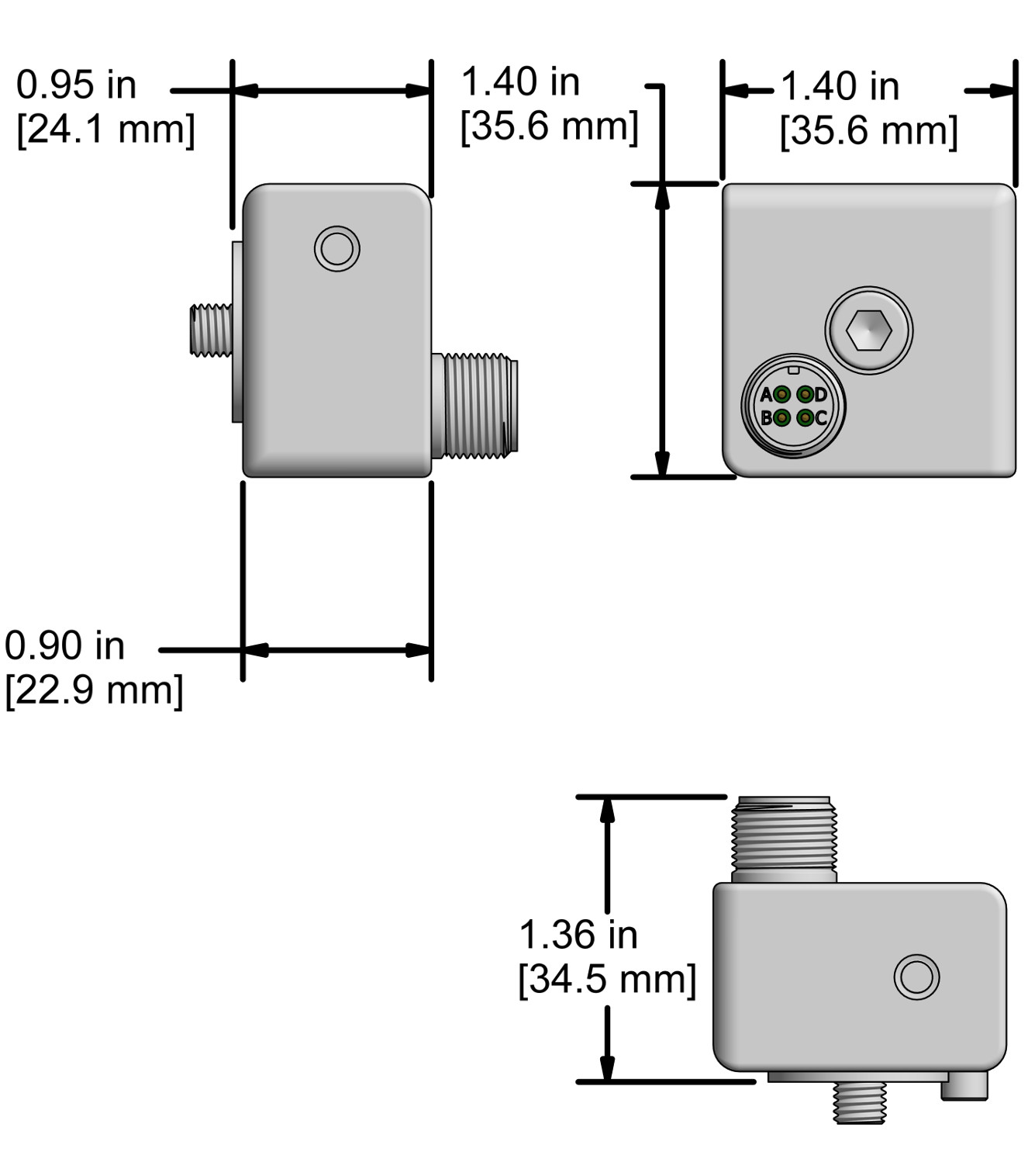 A drawing showing the dimensions and pin configuration of a CTC AC365 industrial accelerometer.