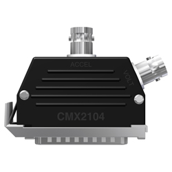 A side view of a black molded CMX2104 data collector adapter with a stainless steel 25 pin adapter on the bottom of the connector, and two BNC jacks on the top and side.