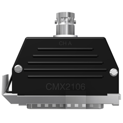 A side view of a black molded CMX2106 data collector connector with a stainless steel 25 pin adapter on the bottom of the connector, and one BNC jack on the top.