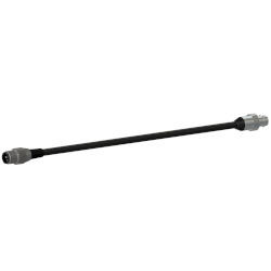 A side view of a CMX2135 data collector adapter with a dark grey connector on the left end, and a stainless steel connector on the right end, of a black CTC cable.