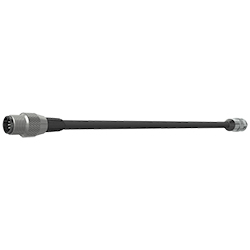 A side view of a CMX2154 data collector adapter with a metal connector on either end of a black CTC cable.