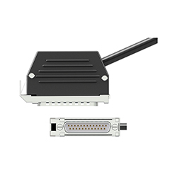 A side view of a C49 data collector connector with a black thermoplastic shell with raised ridges on the side, with stainless steel connector, above a front view of the connector showing the 25 pins