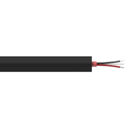A section of black hydraulic hose jacketed CB502 cable with one red conductor wire, one black conductor wire, and one drain wire extending from the right side of the cable.