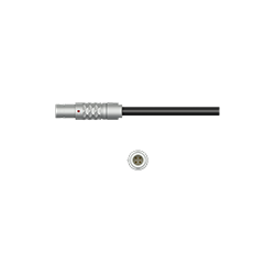 A side view of a stainless steel C330 data collector connector on a black CTC cable, above a front view of the connector showing the 4 pins.
