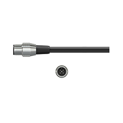 A side view of a stainless steel C610 data collector connector on a black CTC cable, above a front view of the connector showing the five pins.