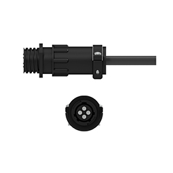 A side view of a black C613 data collector connector on a black CTC cable, above a front view of the connector showing the four sockets pins.